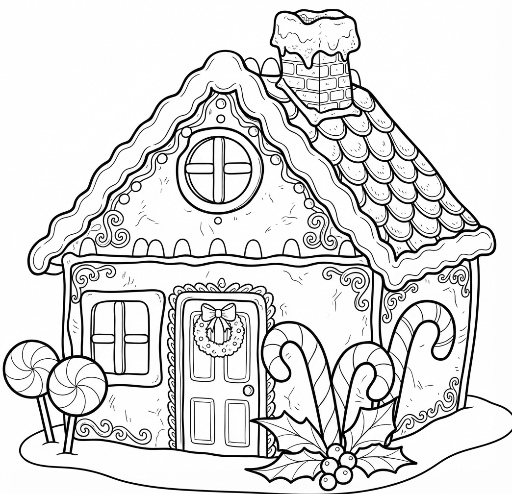 Candy House coloring page — printable black-and-white line art to color online