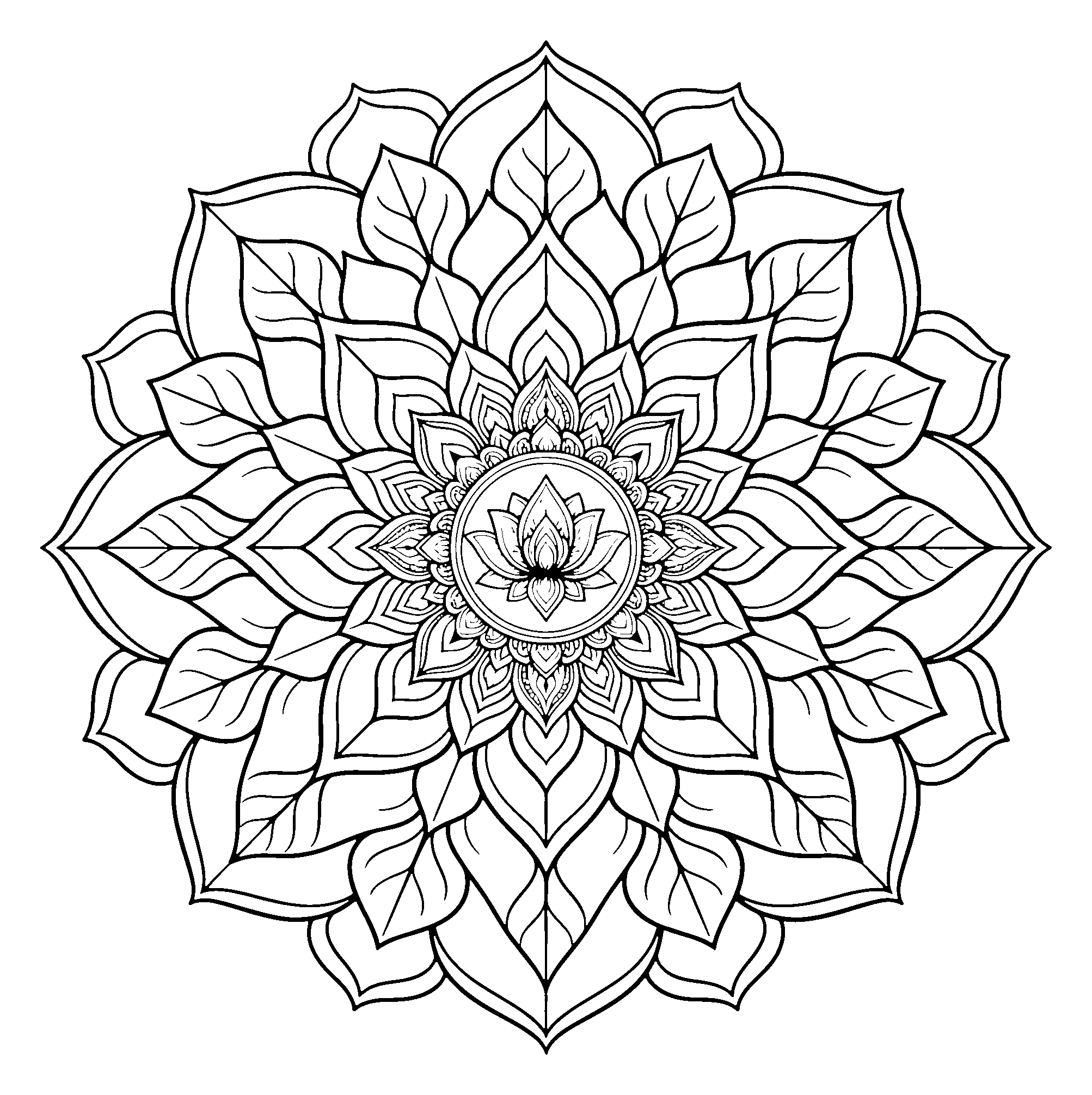 Lotus Mandala coloring page — printable black-and-white line art to color online