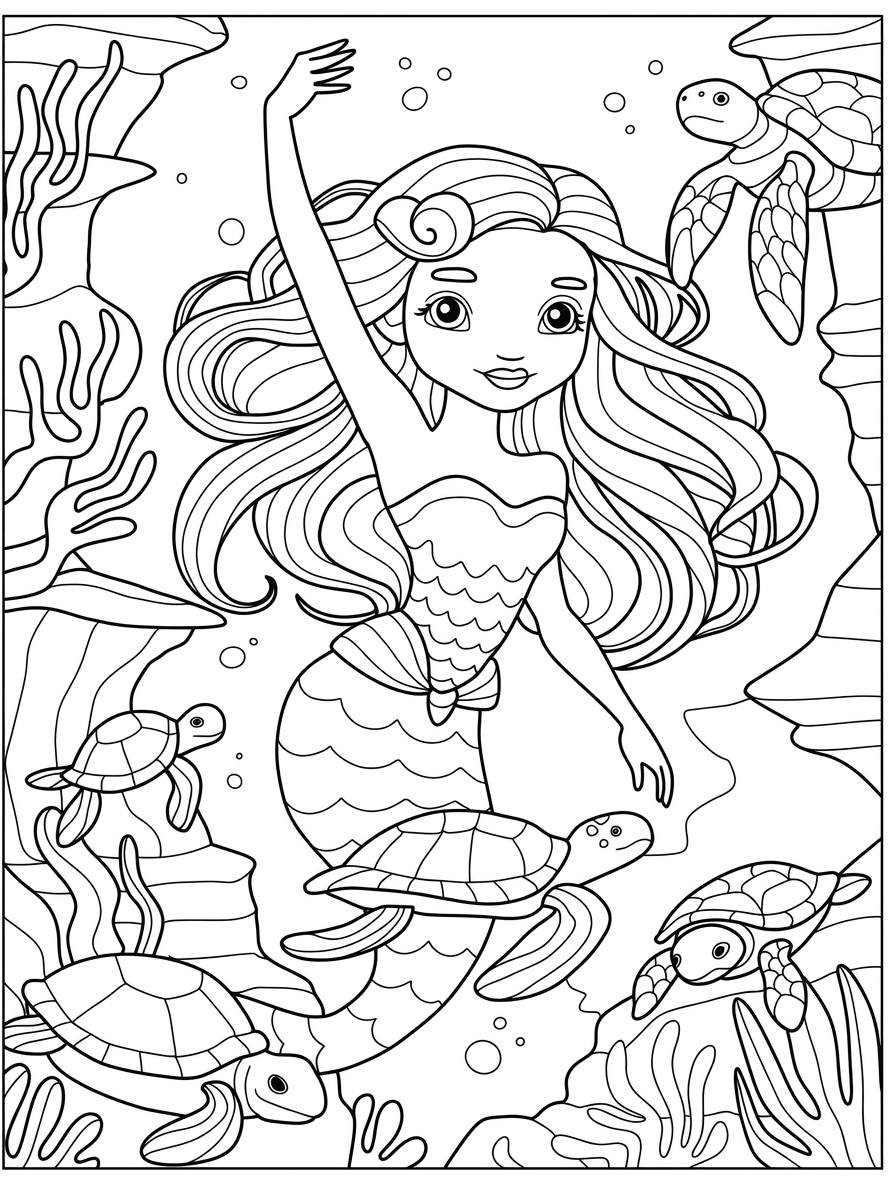 Mermaid coloring page — printable black-and-white line art to color online