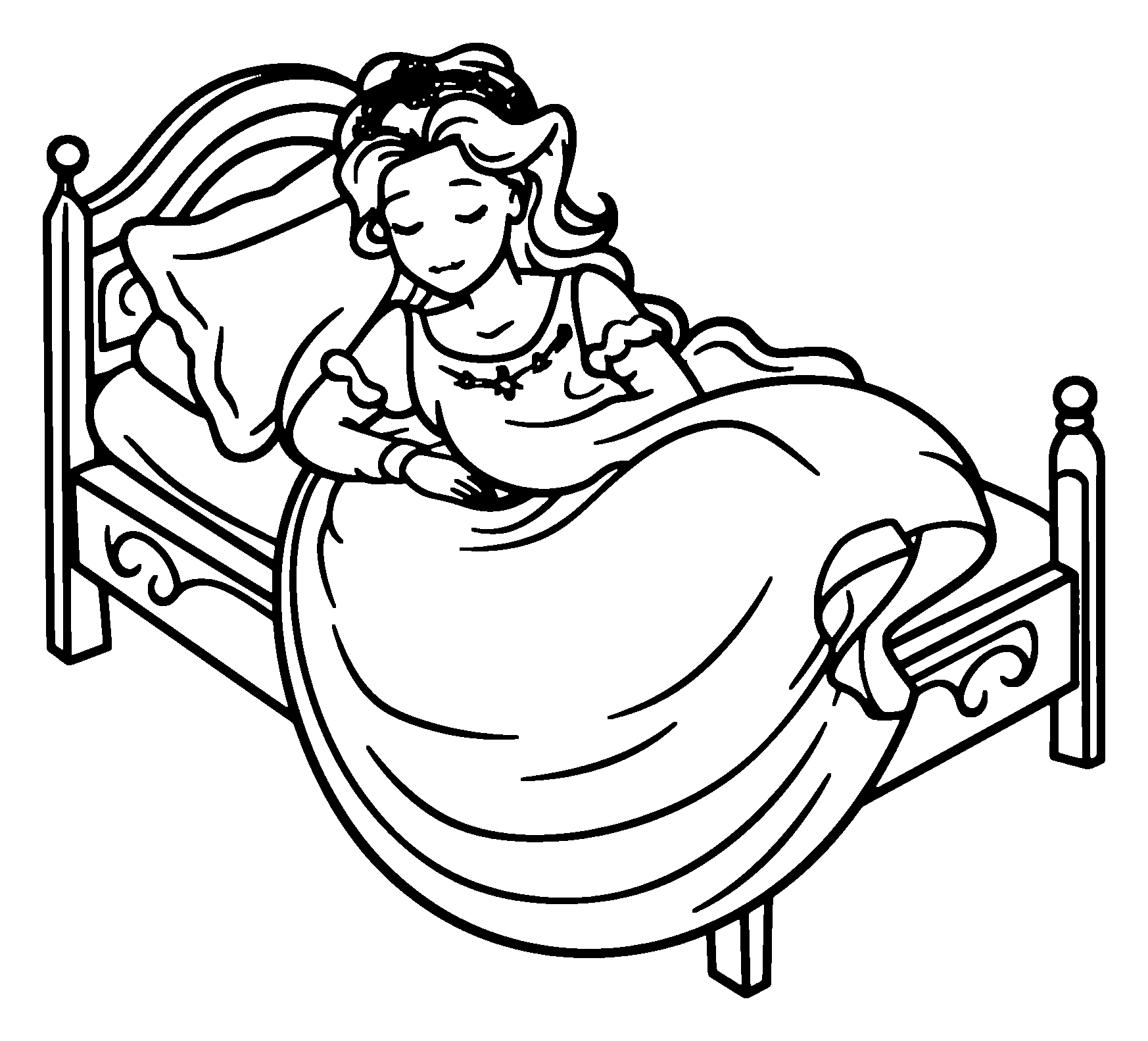 Sleeping Princess coloring page — printable black-and-white line art to color online